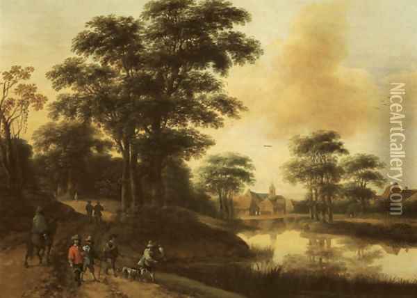 A hunting party near a lake, a village in the distance Oil Painting - Pieter Jansz. van Asch