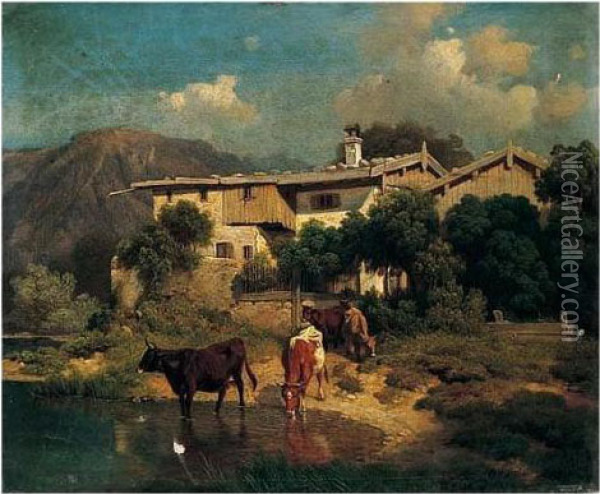 Bauernhaus Mit Kuhen (farmhouse With Cows) Oil Painting - Robert Eberle