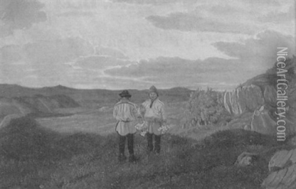 Koplaende Samer I Fjallandskap Vid Vardo Oil Painting - Charles Alfred Emanuel Henrichsen Bremsen