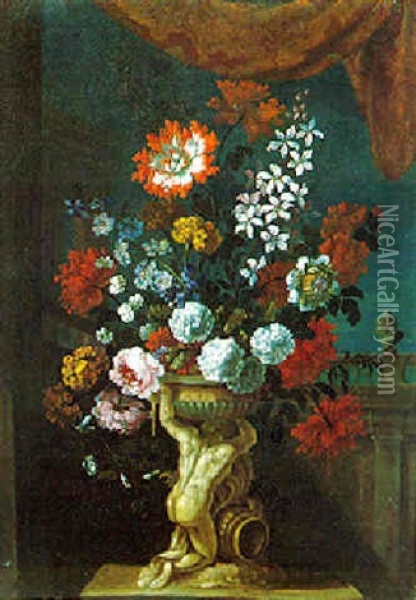 Blumenstraus In Einer Figuralen Steinernen Vase In Einem Schlospark Oil Painting - Pieter Casteels III
