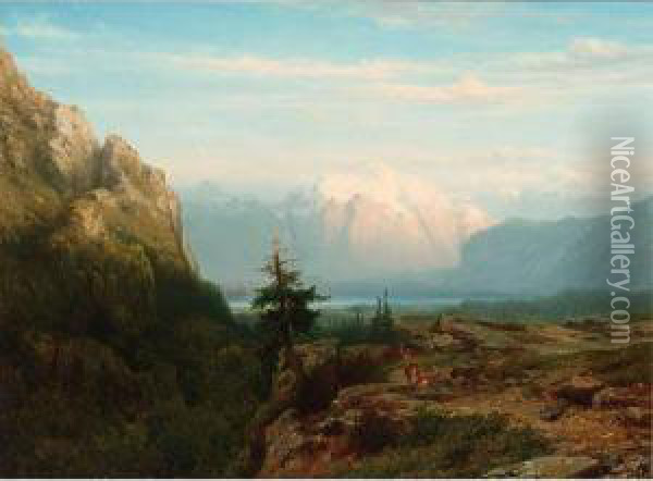 A Mountainous Landscape With Deer Oil Painting - Cornelis Lieste