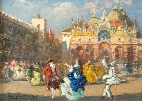 Balli In Maschera In Piazza San Marco Oil Painting - Erma Zago