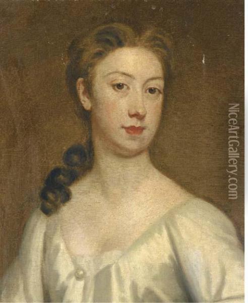 Portrait Of A Lady, Bust-length, In A White Dress Oil Painting - Sir Godfrey Kneller