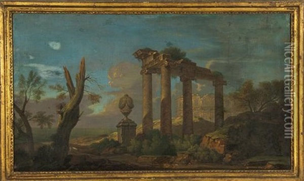 Architectural Capriccio Of Roman Ruins Oil Painting - Giovanni Paolo Panini