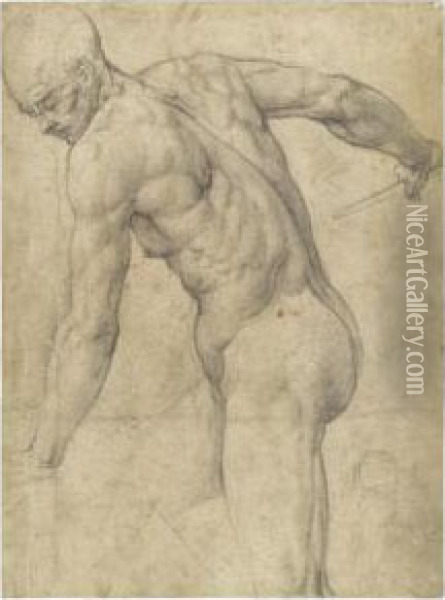 A Male Nude Holding A Dagger, 
With A Subsidiary Sketch Of A Woman And Child At The Right Corner Oil Painting - Battista Franco