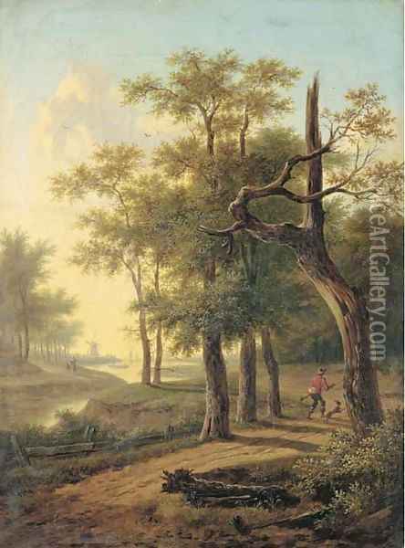 A hunter and his dog in a wooded river landscape, a windmill and boats beyond Oil Painting - Frans Swagers