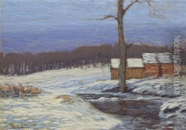 Red Barn In Snow, Connecticut Oil Painting - Leonard Ochtman