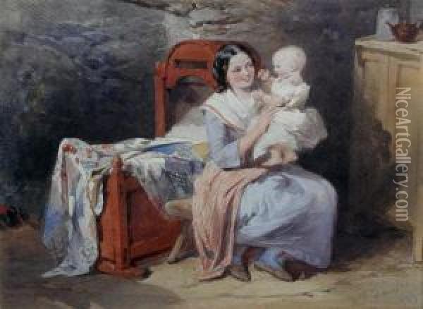 A Young Mother With Her Baby In An Interior Oil Painting - Henry Parsons Riviere