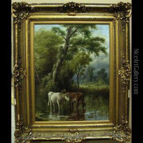 Cattle Watering Oil Painting - George A.E., Geo Riecke
