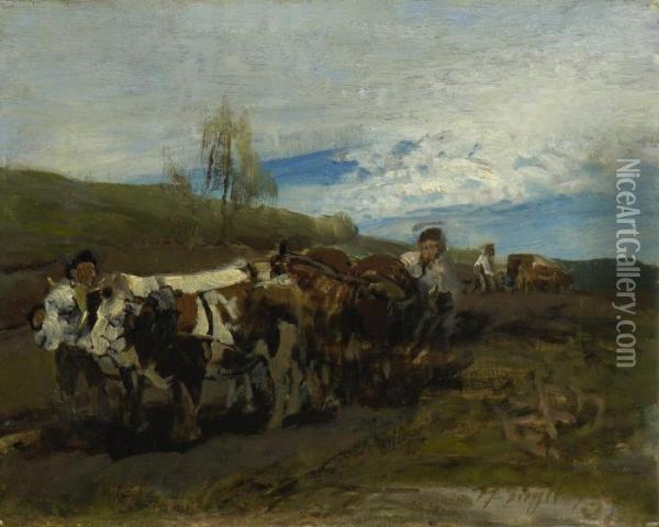 Ochsenviergespann. Oil Painting - Heinrich Johann Von Zugel