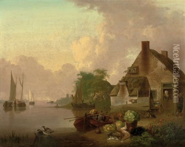 A River Landscape With A Cottage, Vegetables And Game In The Foreground, Sailing Boats Beyond Oil Painting - Jan van Os