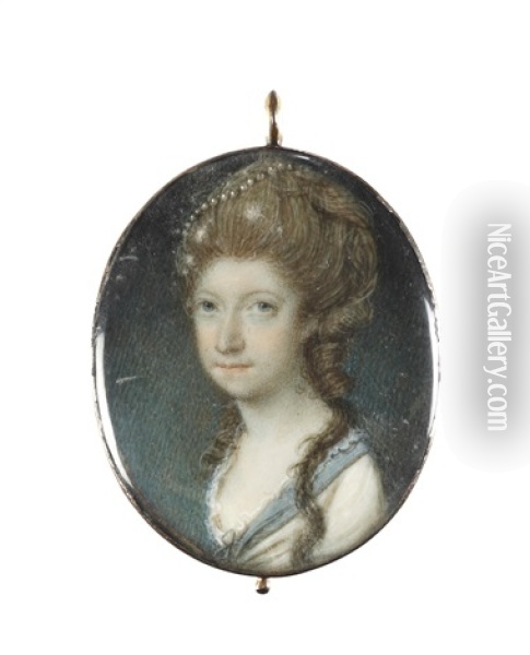 A Lady, Wearing White Dress Edged With Blue Border And White Lace Trim, Her Brown Wig Upswept And Dressed With A Strand Of Pearls Oil Painting - Samuel Shelley