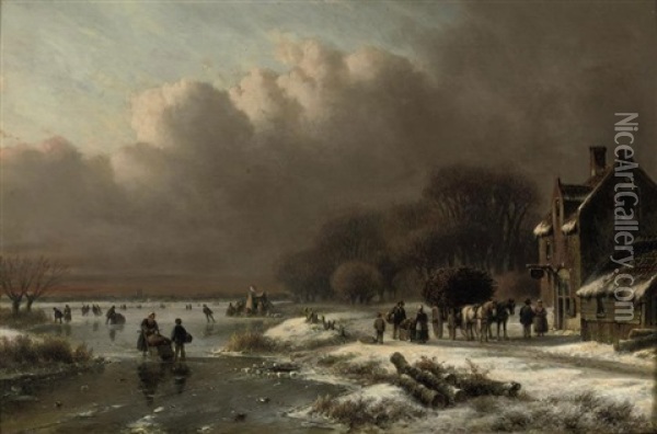A Winter Landscape With Numerous Figures And A Koek-en-zopie Oil Painting - Lodewijk Johannes Kleijn
