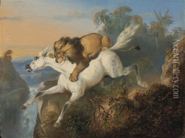 Lion Attacking A Horse Oil Painting - Raden Saleh Sarief Bustaman