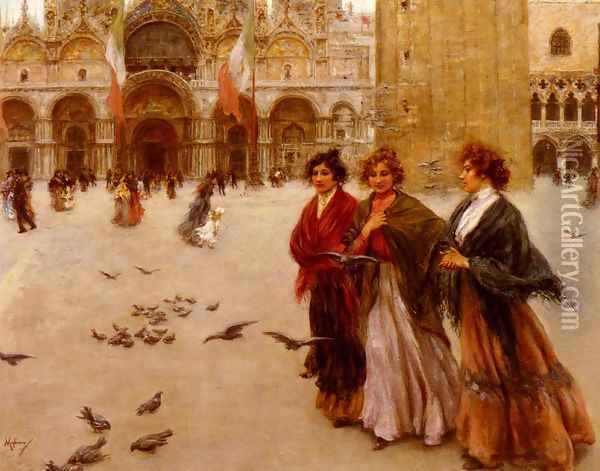 The Afternoon Stroll, St. Mark's, Venice Oil Painting - Vincenzo Migliaro