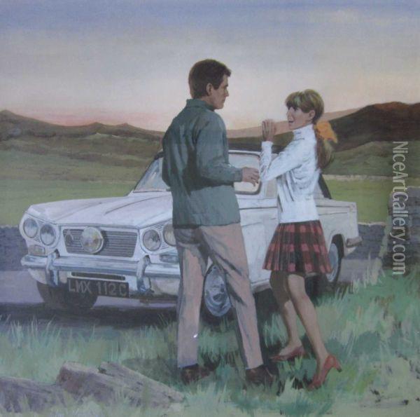 A Young Couple By A Triumph Herald Oil Painting - John Heseltine