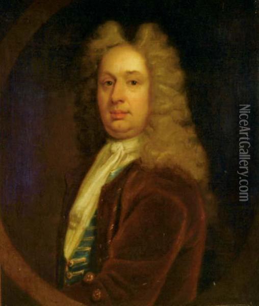 Portrait Of A Gentleman, Bust-length, In A Brown Coat Oil Painting - Sir Godfrey Kneller