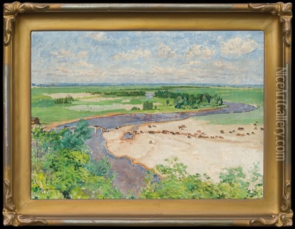 River Landscape Oil Painting - Josef Mehoffer