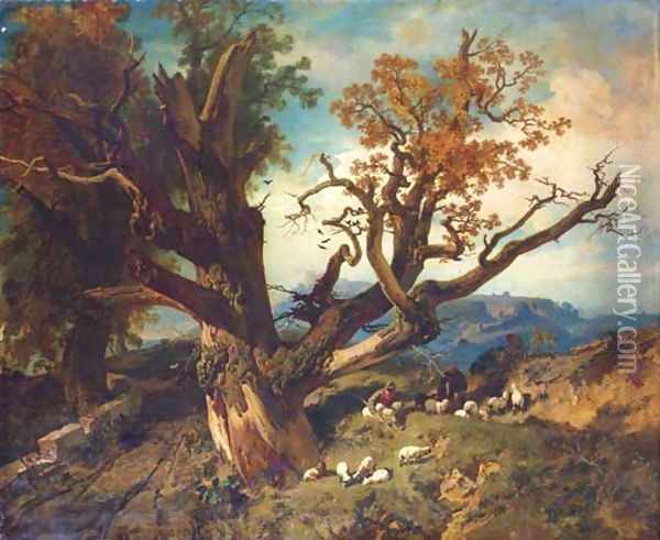 Shepherds with their flock in a mountainous landscape Oil Painting - School Of Barbizon