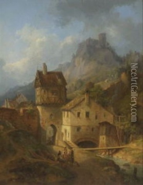 Das Obere Tor Von Riedenburg And Der Altmuhl Mit Der Alten Burg Rabenstein Oil Painting - Carl August Lebschee
