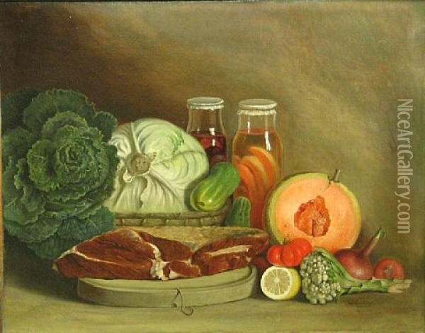 A Still Life With Meat, Cabbage, A Melon And Other Vegetables On A Table Oil Painting - Joseph Schuster