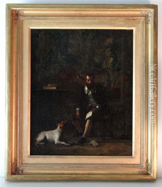 Gentleman In A Furnished Interior With Tapestry And Armour By The Walls And Dog At His Feet Oil Painting - Pedro Vega Y Munoz