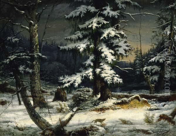 Woodland In Snow Oil Painting - James Hope