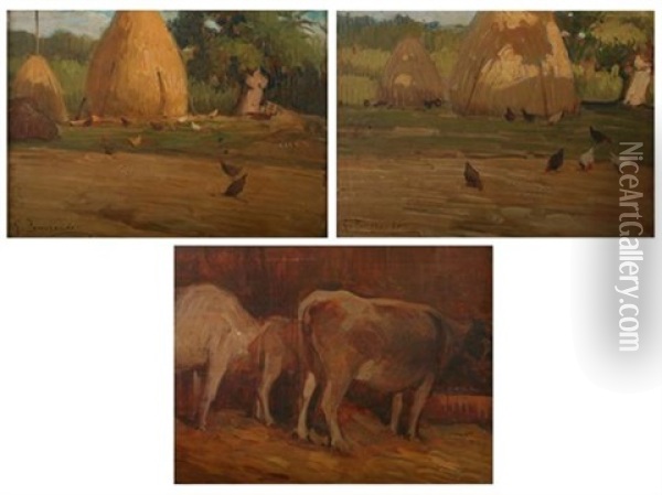 Farmyard With Chickens (+ 2 Others; 3 Works) Oil Painting - Giovanni Zangrando