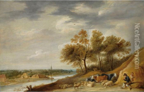 A Panoramic River Landscape With
 Shepherds Resting With Their Herd On A Bank, With One Shepherd Playing 
The Flute Oil Painting - David The Younger Teniers