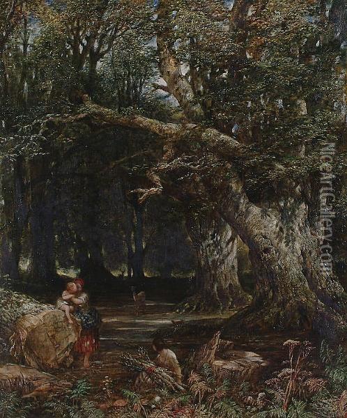 Faggot Gatherers In A Wood. Oil Painting - Alfred Joseph Woolmer