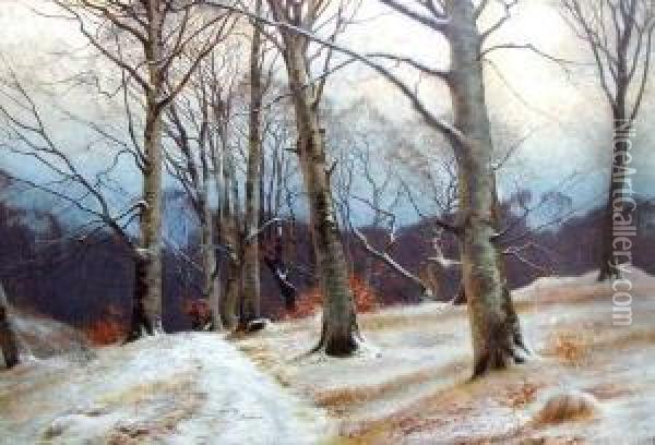 Waldweg Im Winter Mit Jagersmann Oil Painting - Carl Milton Jensen