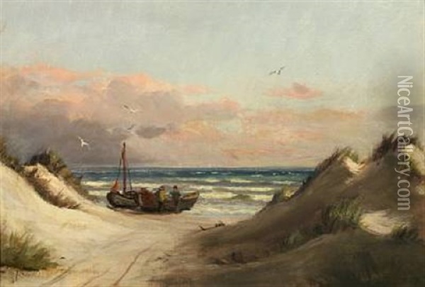 Fishermen On The Beach Oil Painting - Johan Jens Neumann