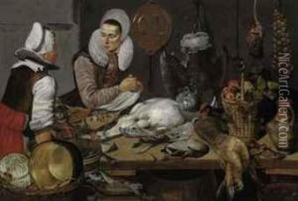 A Kitchen Interior With A Maid And A Lady Preparing Game Oil Painting - Frans Hals