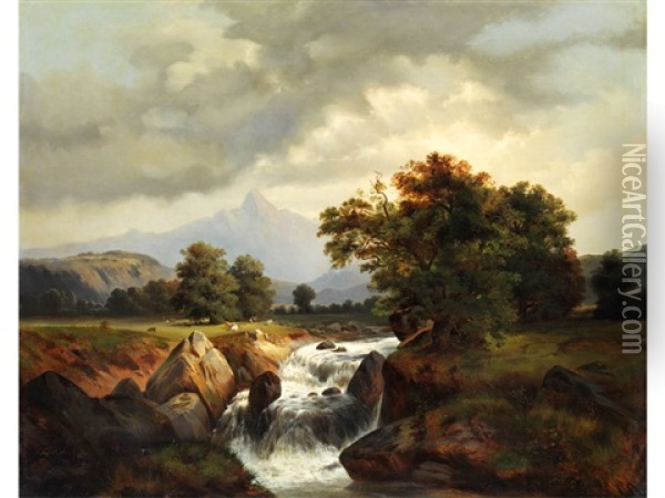 Alpenlandschaft Mit Wasserfall Oil Painting - Fuerchtegott Thessel