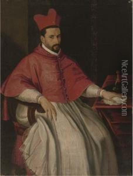 Portrait Of A Cardinal, Seated, Three-quarter-length, At Atable Oil Painting - Scipione Pulzone