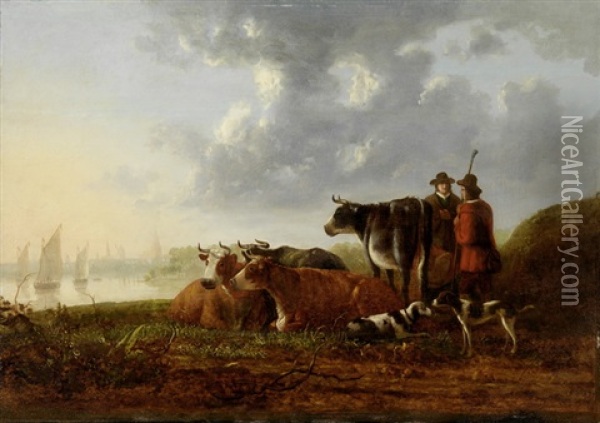 Zwei Hirten Mit Kuhherde Und Hunden Vor Einer Bucht Mit Segelbooten Oil Painting - Aelbert Cuyp
