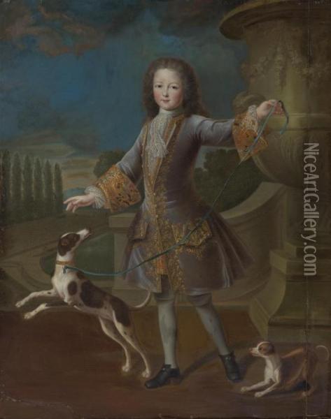 Portrait Of Louis Xv With Two Dogs Oil Painting - Pierre Gobert