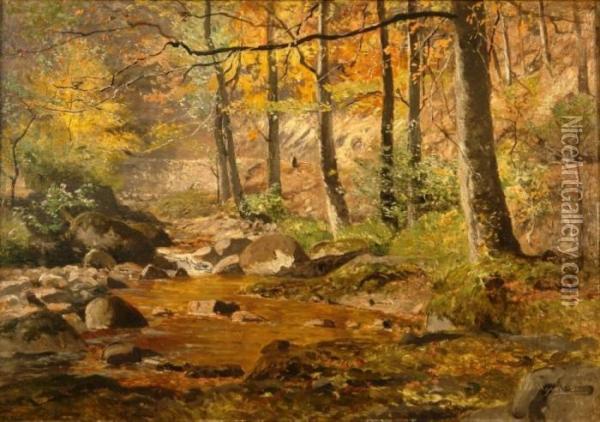View On The Fall-coloured Forest With Brook Oil Painting - Adolf Gustav Schweitzer