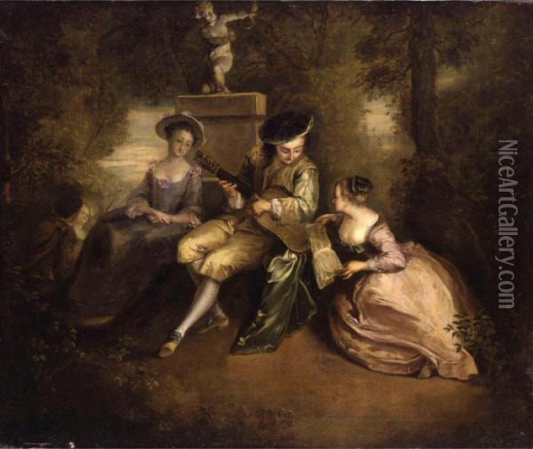 An Elegant Young Man Playing A Guitar With Two Ladies In A Parkland Setting Oil Painting - Watteau, Jean Antoine