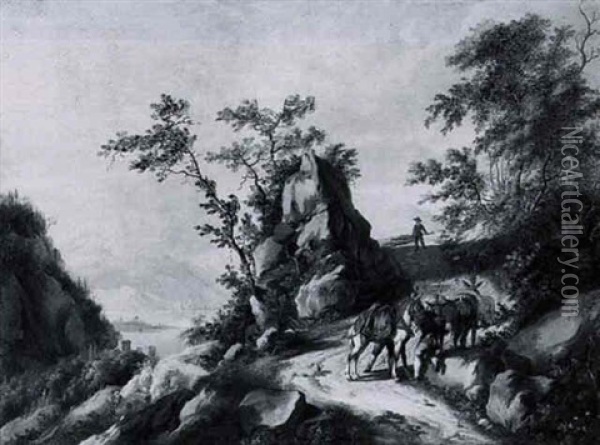 A Mountainous Landscape With Muleteers On A Path Overlooking A Lake Oil Painting - Johann Balthasar Bullinger the Elder