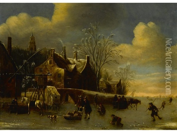 A Winter Landscape With Figures On A Frozen River Oil Painting - Balthasar Van Der Veen