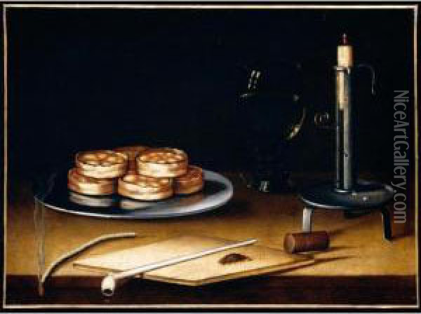 Still Life With Pies On A Pewter
 Plate, A Roemer, A Candle, A Pipe And A Roll Of Tobacco, All Upon A 
Wooden Table Oil Painting - Sebastien Stoskopff