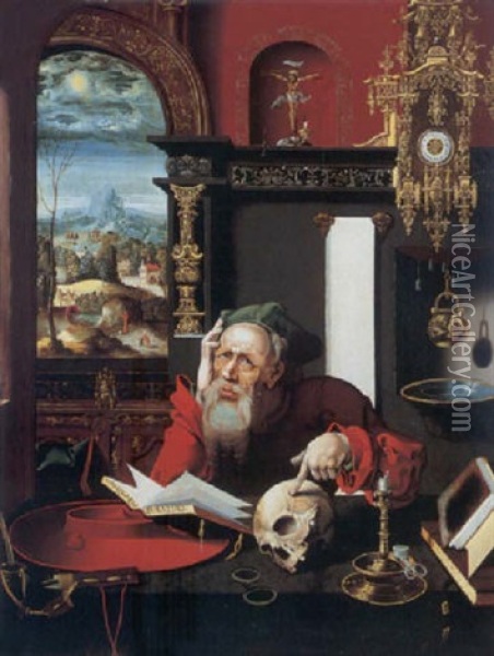 St. Jerome In His Study, A Landscape Seen Through The Window Oil Painting - Pieter Coecke van Aelst the Elder