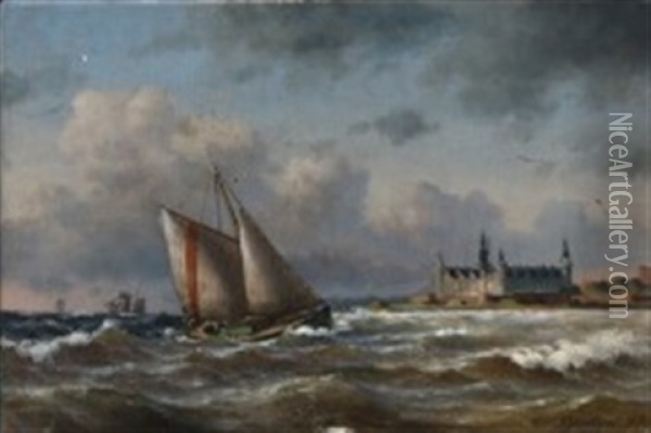 Ships At Sea At Oresund With A View Of Kronborg Oil Painting - Carl Buntzen