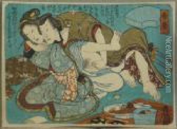 Kunisada, Utagawa Zugeschrieben. Sumoringer Mit Geliebter Im Teehaus, Japan, Um 1840 Oil Painting - Kunisada