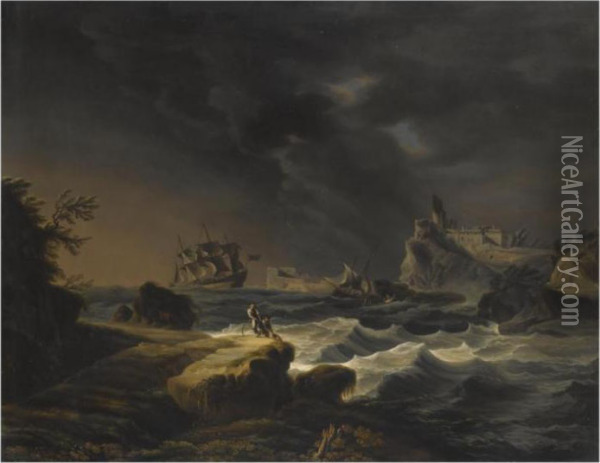 A Mediterranean Constal Scene With Ships On Stormy Seas Oil Painting - Claude-joseph Vernet