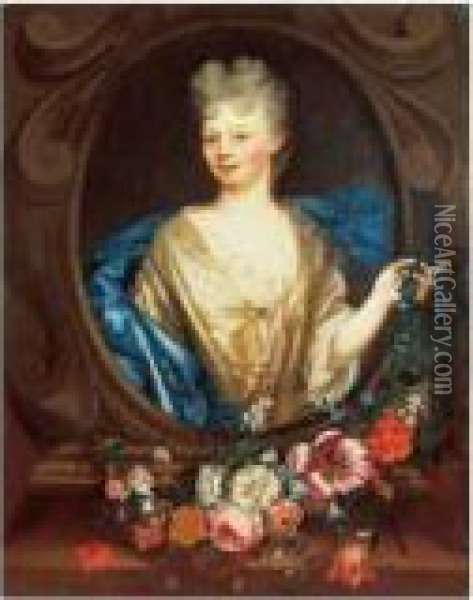 Portrait De Jeune Femme Dans Un OEil-de-boeuf, Tenant Une Guirlande De Fleurs Oil Painting - Isaak Paling