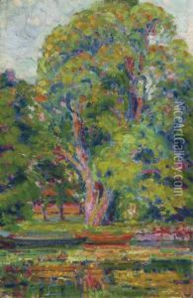 Trees With Stream And Boat Oil Painting - William E. Schumacher