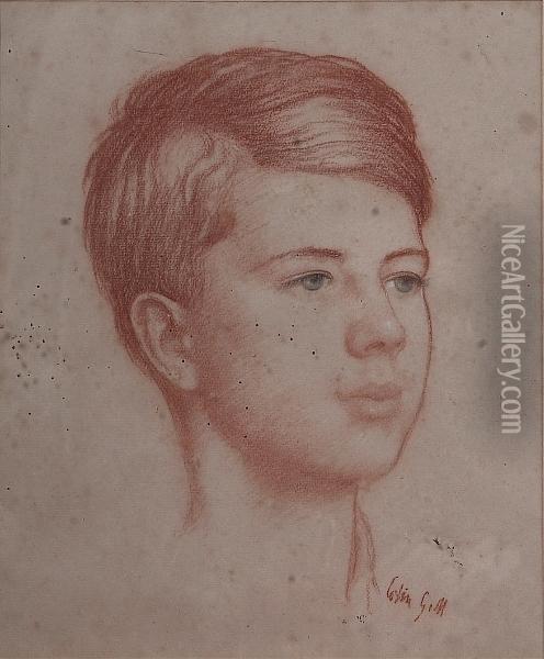 A Red Conte Portrait Study Of A Boy, Signed Lower Right Oil Painting - Colin Uwin Gill