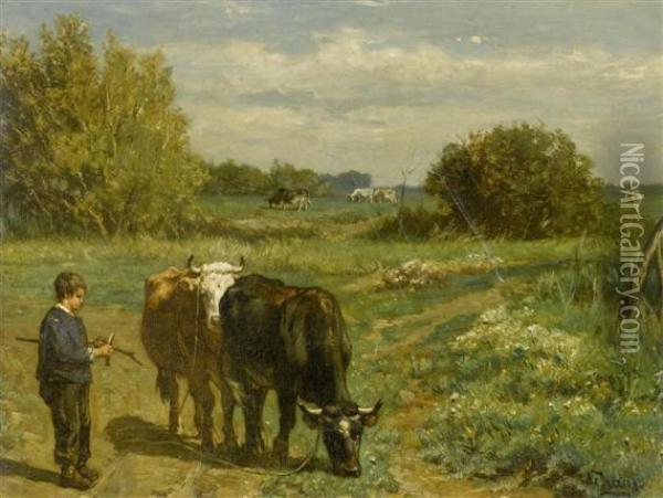 Young Herder With Cows In A Landscape Oil Painting - Johannes-Hubertus-Leonardus de Haas